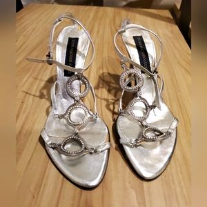 Steve Madden Luxe silver Rhinestone Circle Cut Outs. Ankle Strap Heel 7